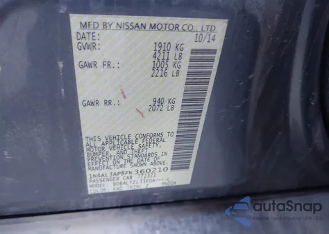 2015 Nissan Altima 2.5 Sl z USA, uszkodzony, nr VIN 1N4AL3AP8FN360210